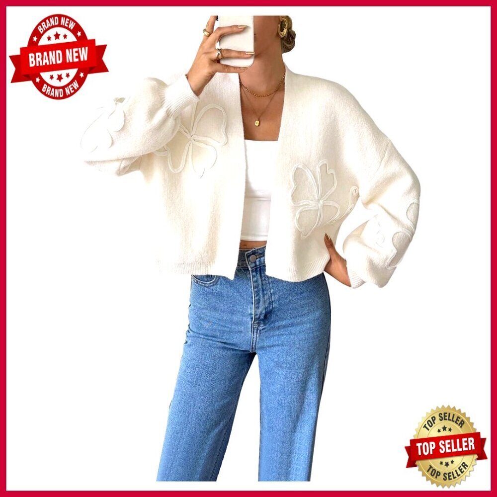 Cropped Cardigan Sweater Open Front Flower Knit Loose Fit Lightweight